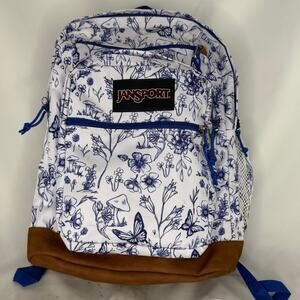 JanSport Large Backpack Blue & White Mushroom Butterfly Print